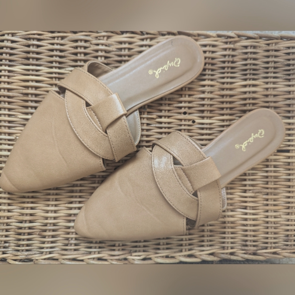 Women's Qupid tan/beige mules - size 7.5